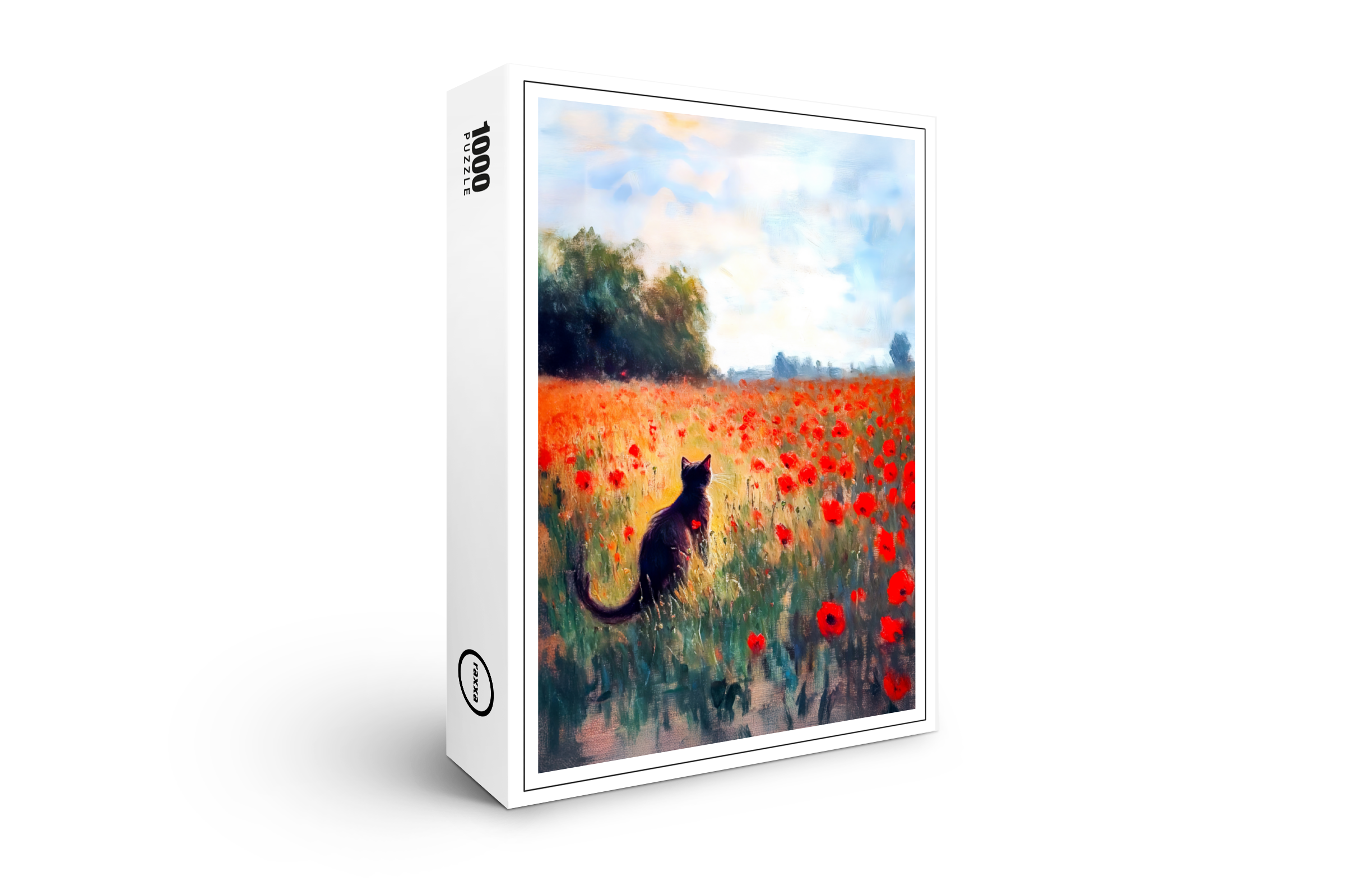raxxa Premium-Puzzle: Impressionistic Oil Painting of Cat in Blooming Poppy Field