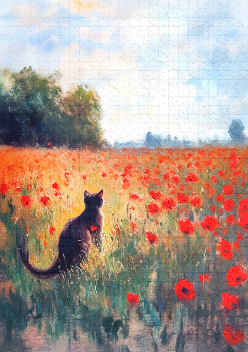 raxxa Premium-Puzzle: Impressionistic Oil Painting of Cat in Blooming Poppy Field - Image 2