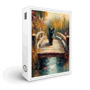 raxxa Premium-Puzzle: Impressionistic Oil Painting of Black Cat on Wooden Pier by Pond