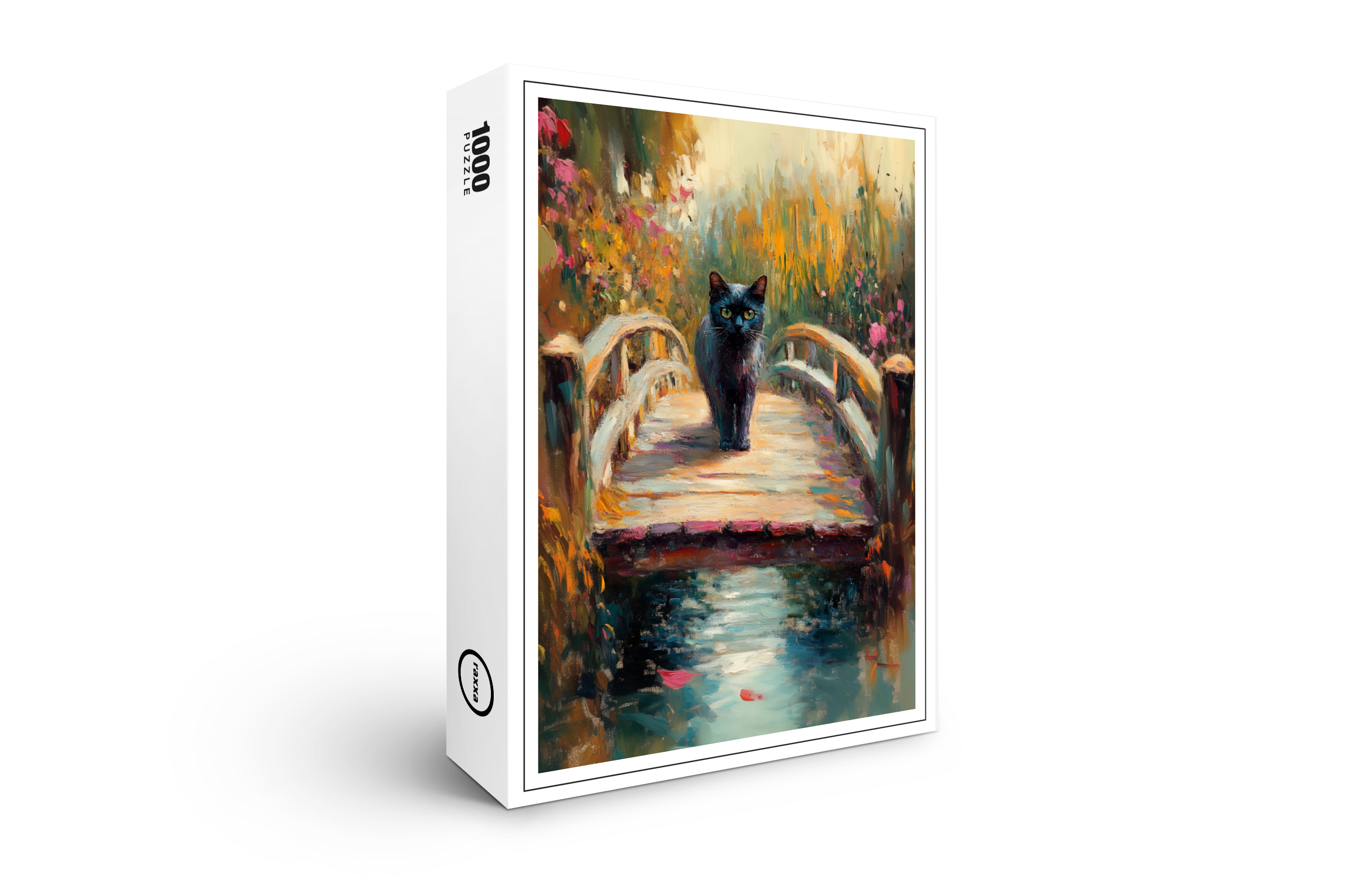 raxxa Premium-Puzzle: Impressionistic Oil Painting of Black Cat on Wooden Pier by Pond
