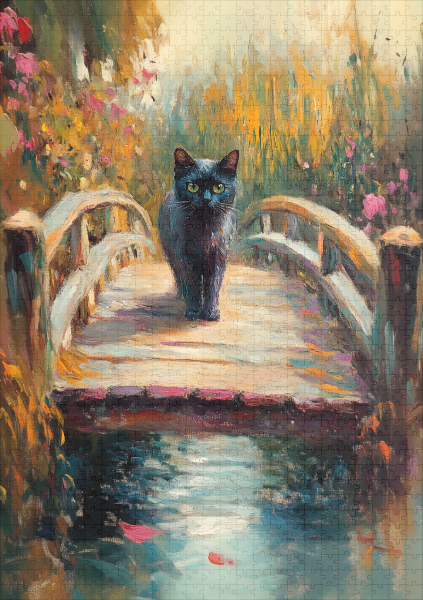 raxxa Premium-Puzzle: Impressionistic Oil Painting of Black Cat on Wooden Pier by Pond – Bild 2