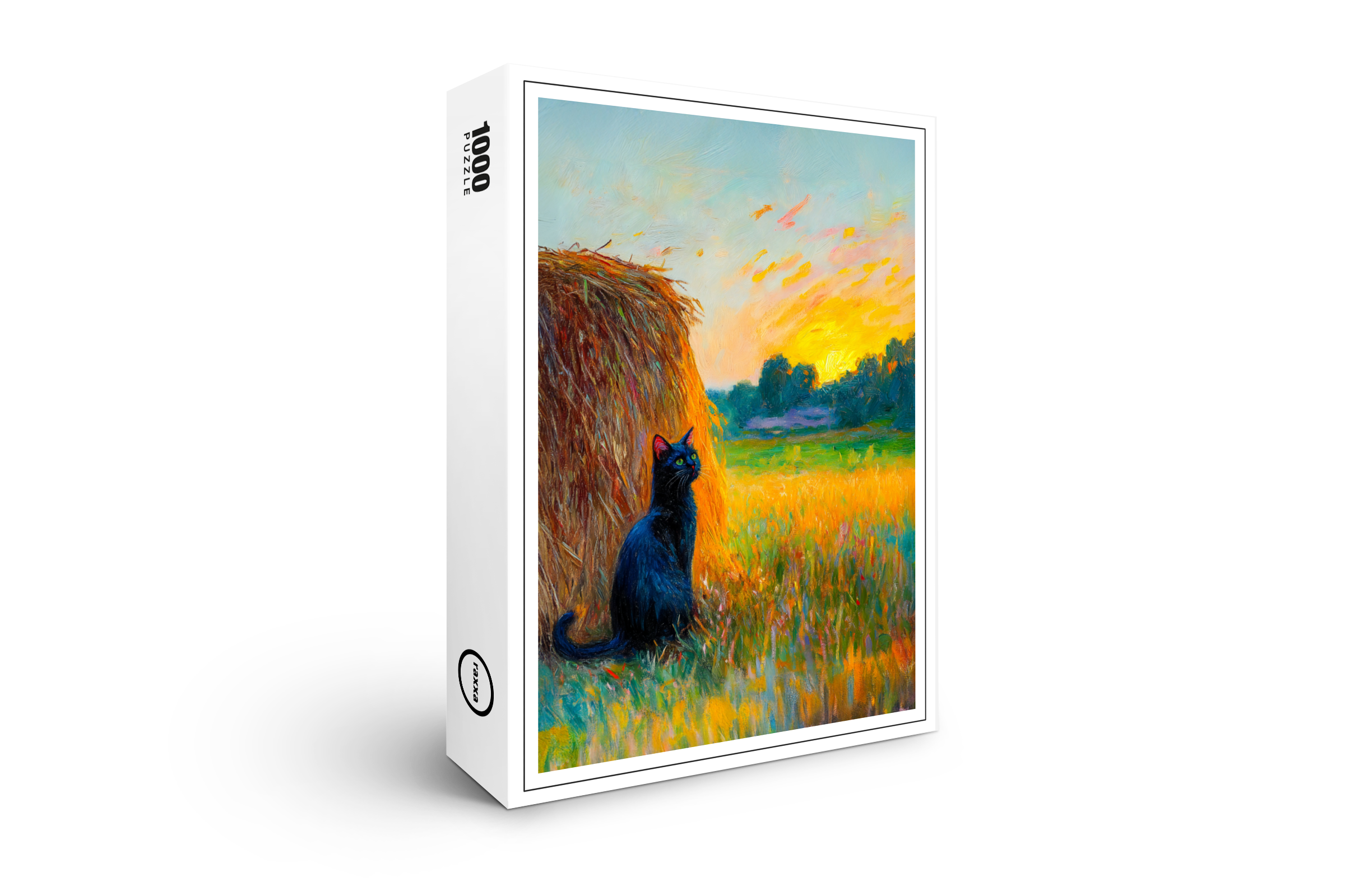 raxxa Premium-Puzzle: Impressionistic Oil Painting of Cat by Haystack at Sunset