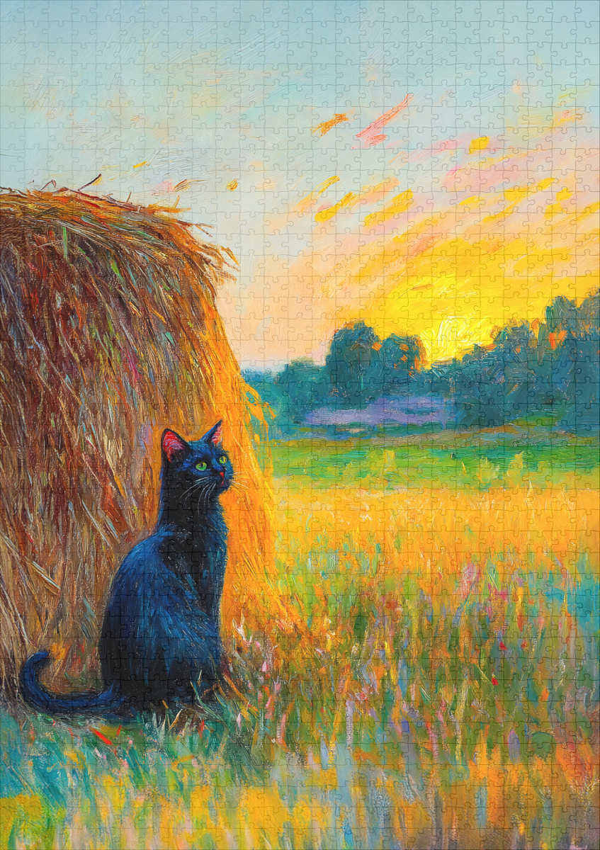 raxxa Premium-Puzzle: Impressionistic Oil Painting of Cat by Haystack at Sunset - immagine 2