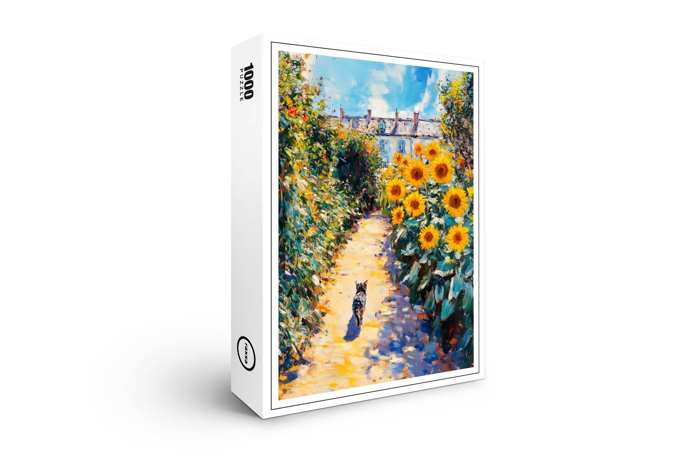 raxxa Premium-Puzzle: Impressionistic Oil Painting of Cat in Sunlit Garden