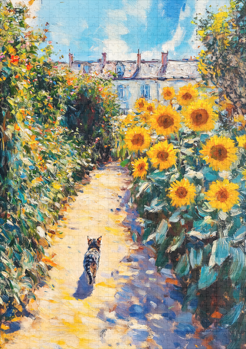 raxxa Premium-Puzzle: Impressionistic Oil Painting of Cat in Sunlit Garden - Imagen 2