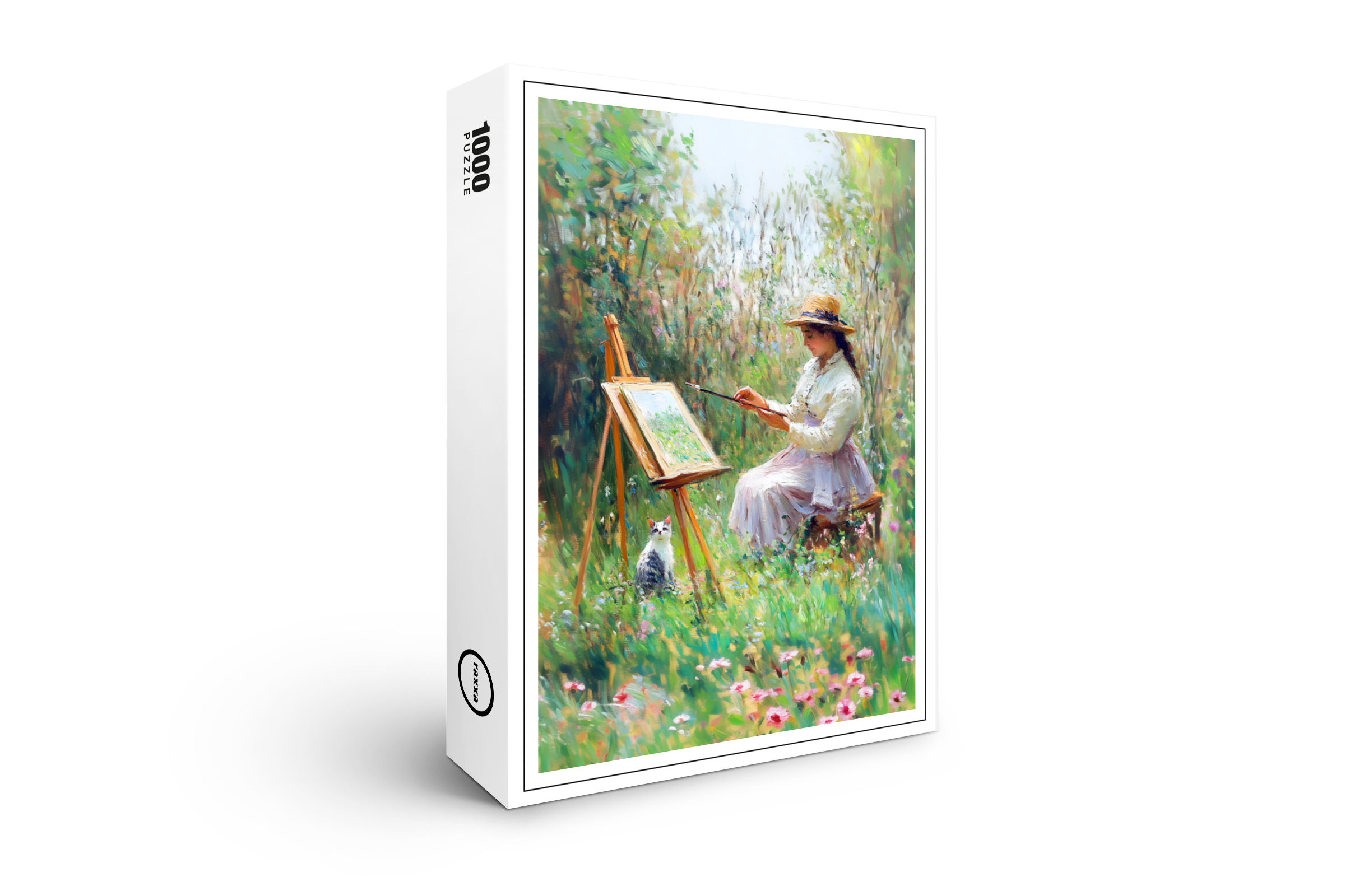 raxxa Premium-Puzzle: Impressionistic Oil Painting of Cat Beside Outdoor Painter