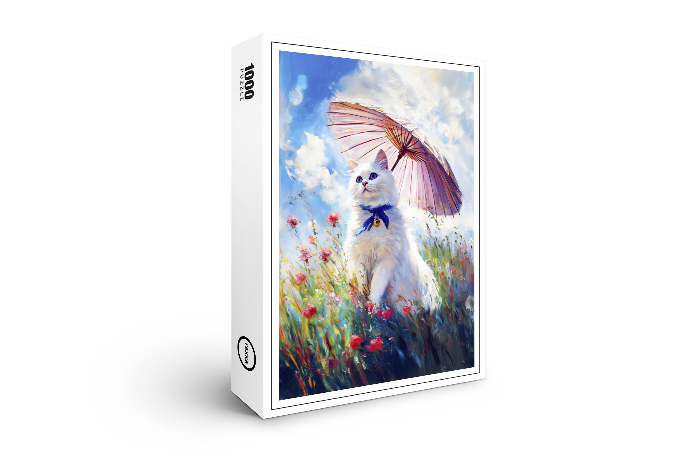 raxxa Premium-Puzzle: Impressionistic Oil Painting of White Cat with Parasol in Poppy Field