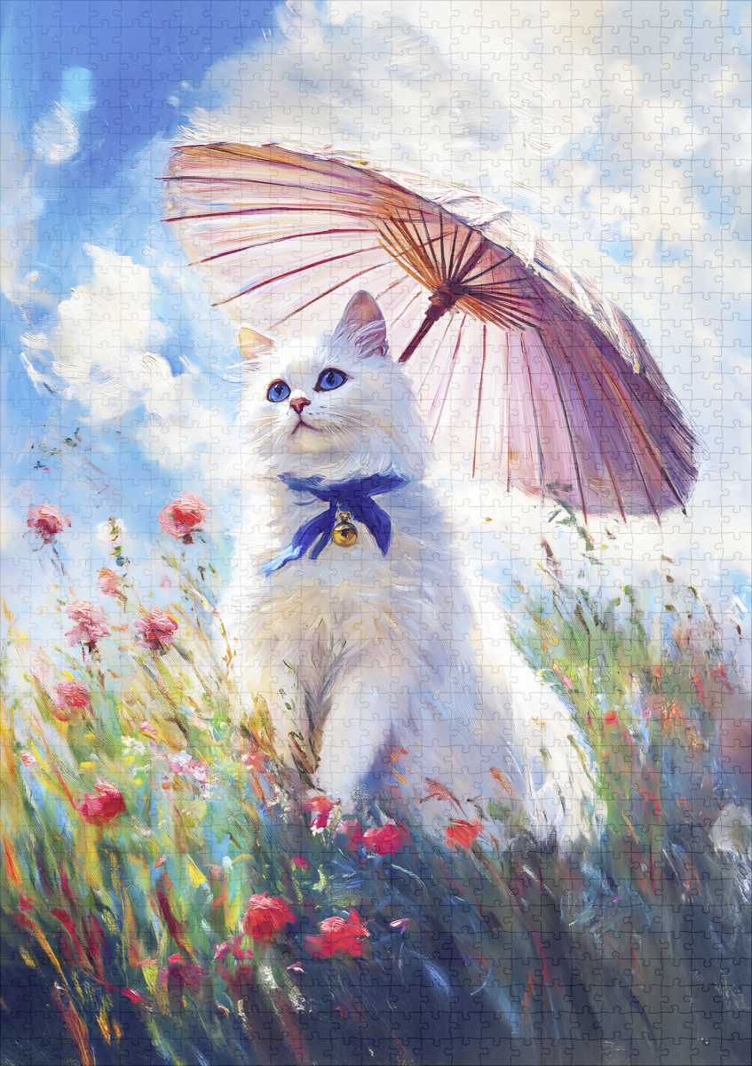 raxxa Premium-Puzzle: Impressionistic Oil Painting of White Cat with Parasol in Poppy Field - Imagen 2