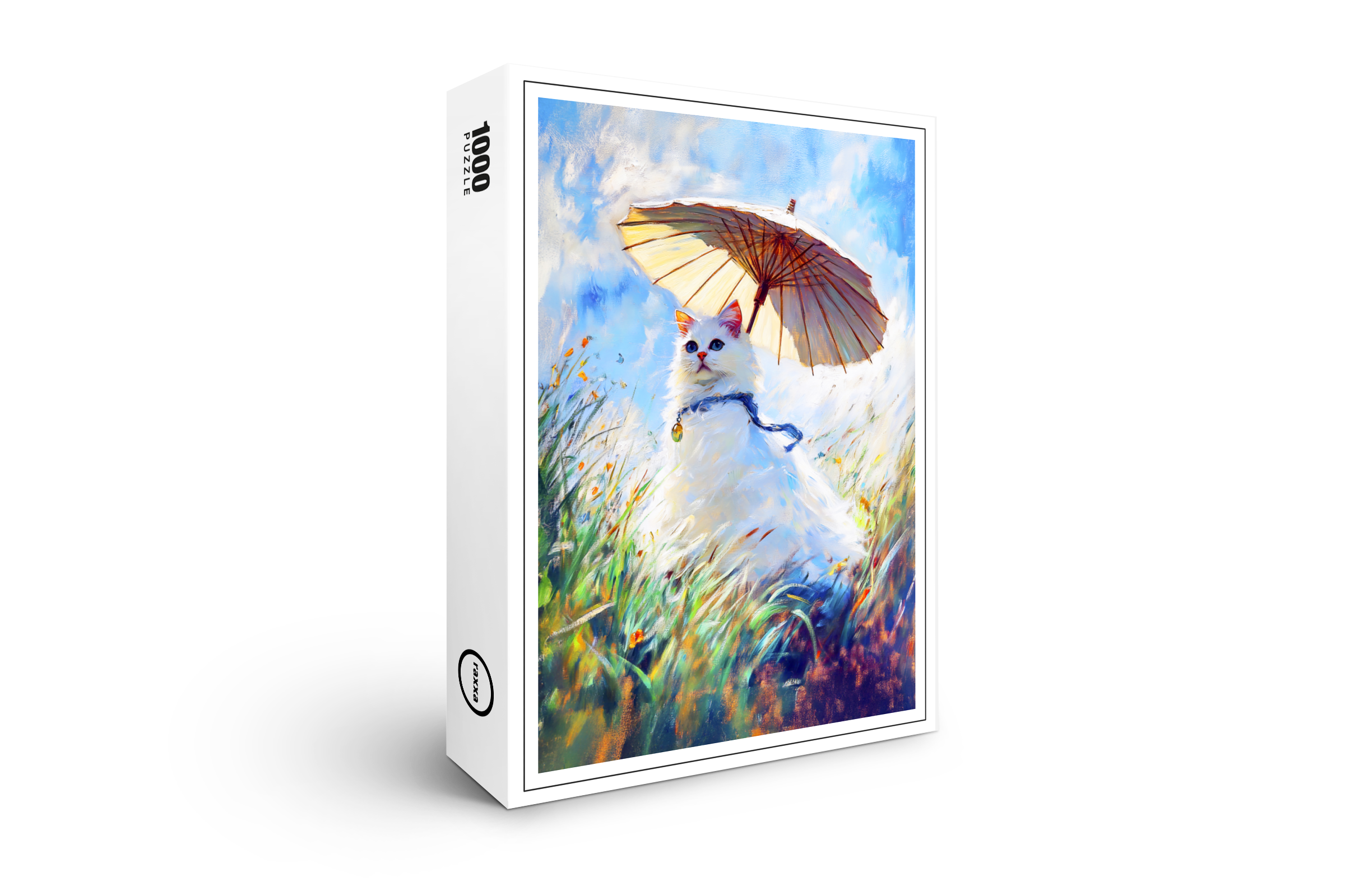 raxxa Premium-Puzzle: Impressionistic Oil Painting of White Cat with Parasol in Field