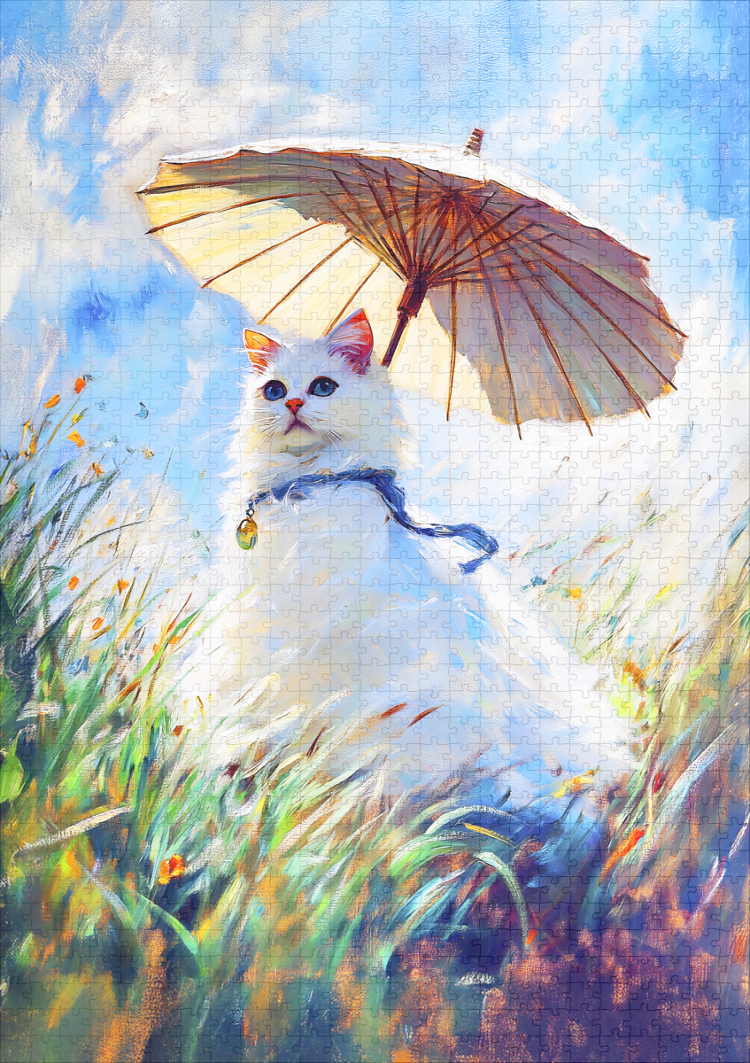 raxxa Premium-Puzzle: Impressionistic Oil Painting of White Cat with Parasol in Field - Image 2