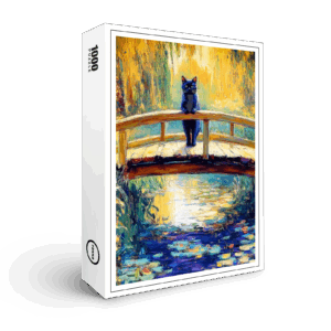 raxxa Premium-Puzzle: Impressionistic Oil Painting of Black Cat on Wooden Pier by Pond