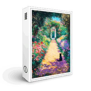 raxxa Premium-Puzzle: Impressionistic Oil Painting of Cat on Flower-Lined Garden Path