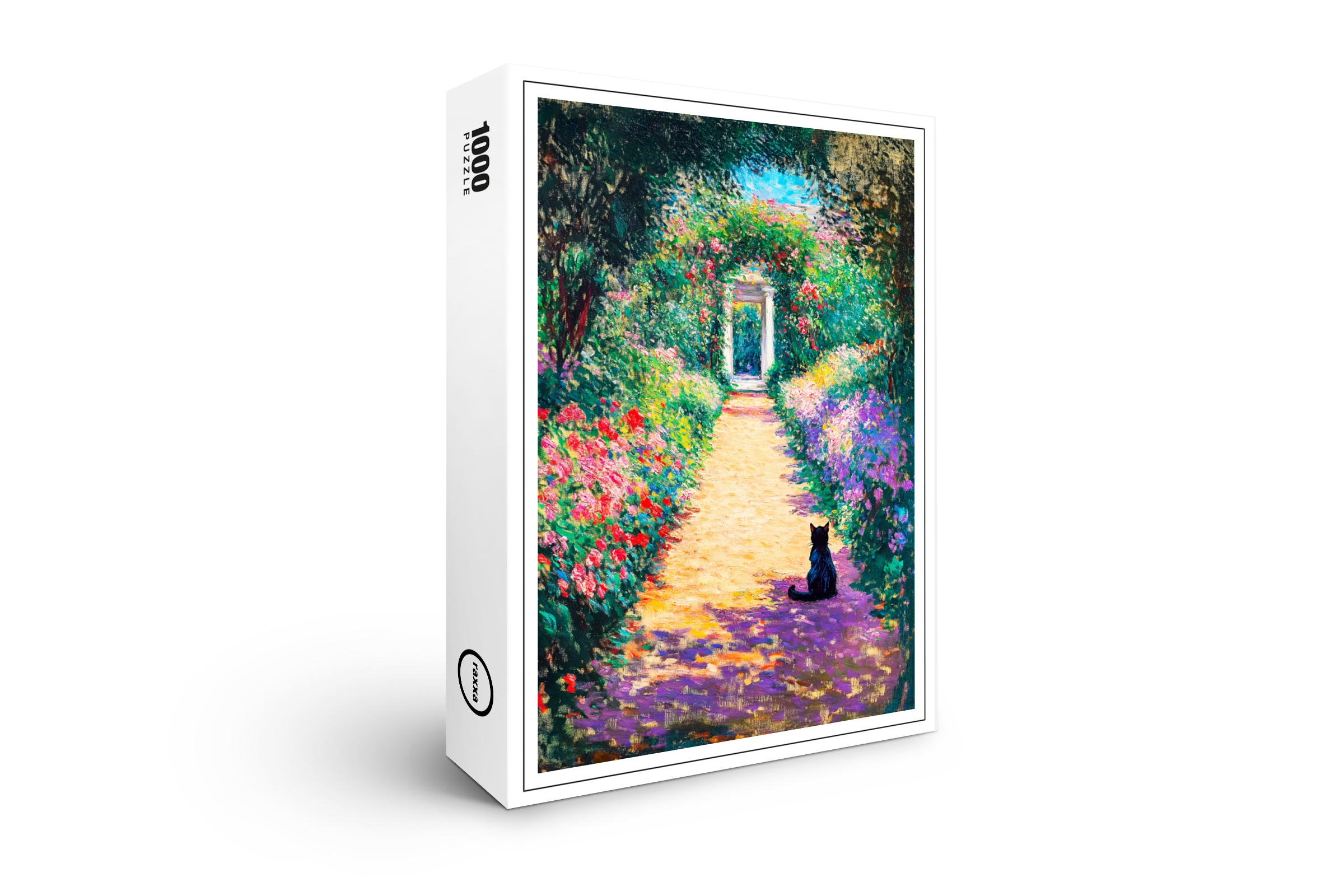 raxxa Premium-Puzzle: Impressionistic Oil Painting of Cat on Flower-Lined Garden Path