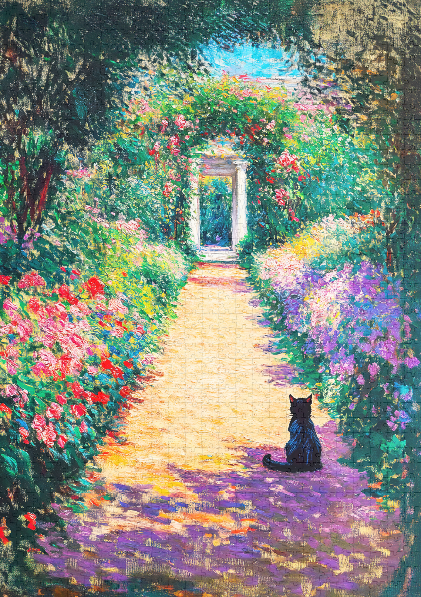 raxxa Premium-Puzzle: Impressionistic Oil Painting of Cat on Flower-Lined Garden Path – Image 2