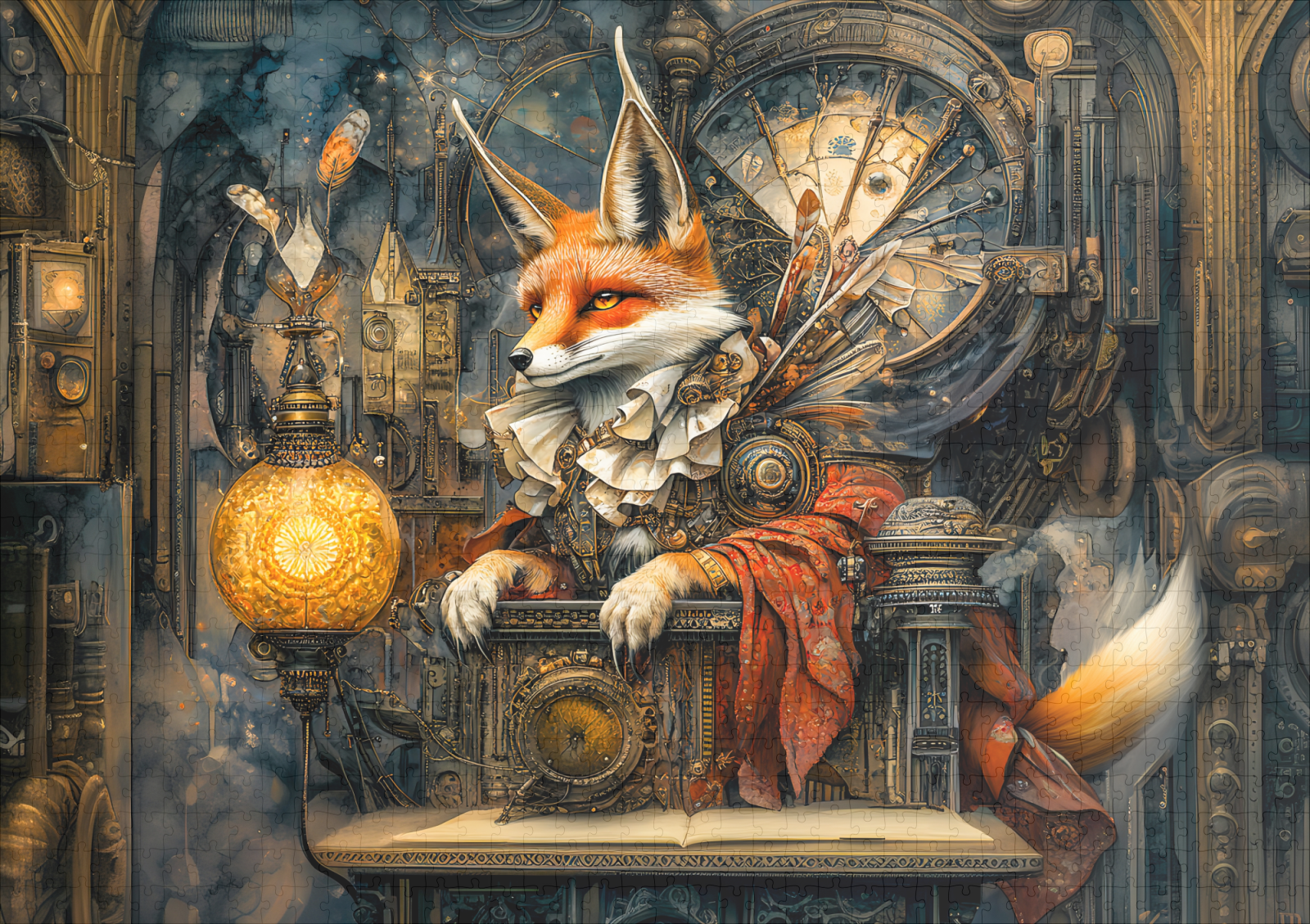 raxxa Premium-Puzzle: Fox on a Steampunk Pulpit in a Mystical Scene - Imagen 2