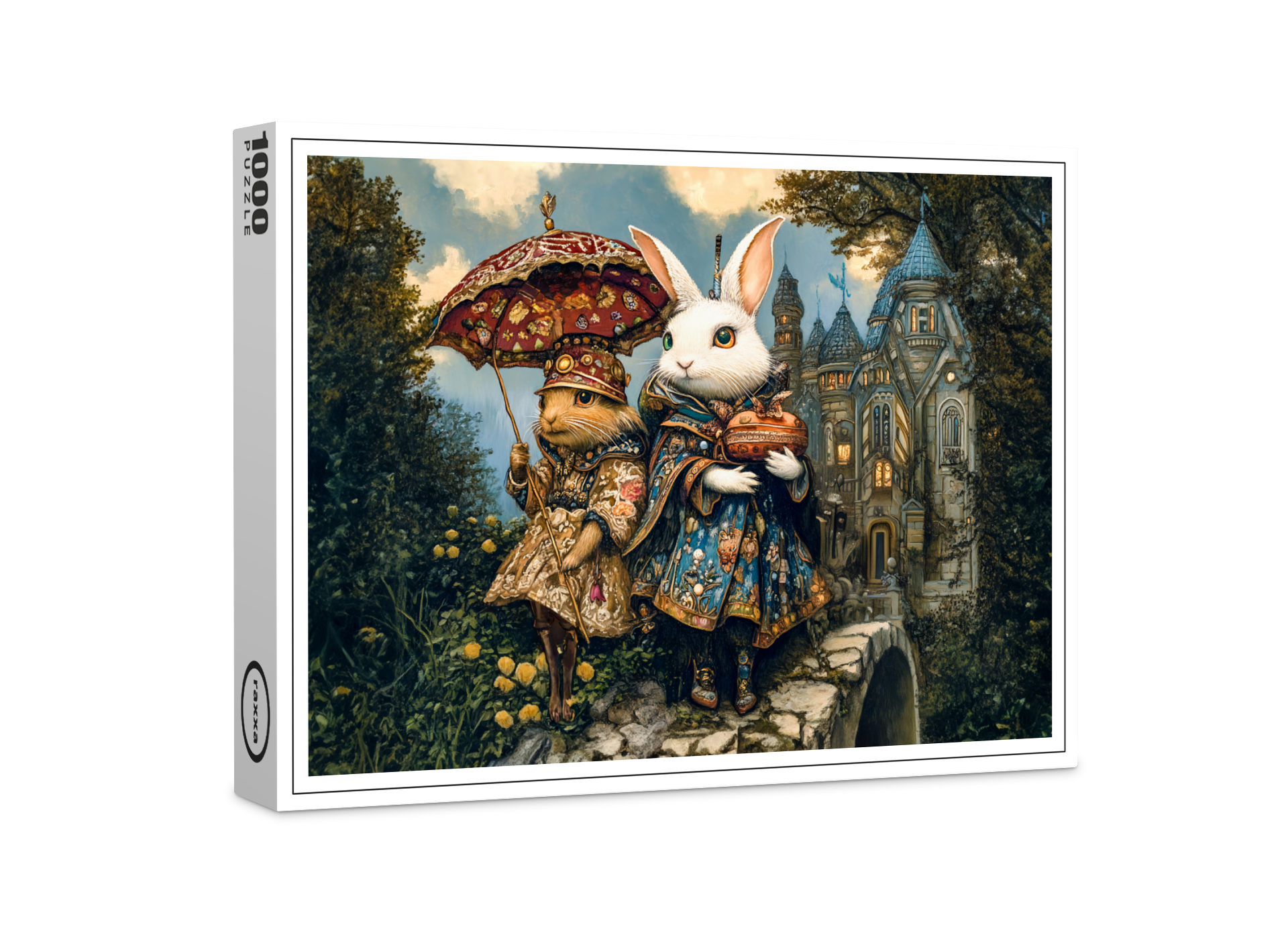 raxxa Premium-Puzzle: Two Rabbits on a Castle Bridge in Fantasy Scene