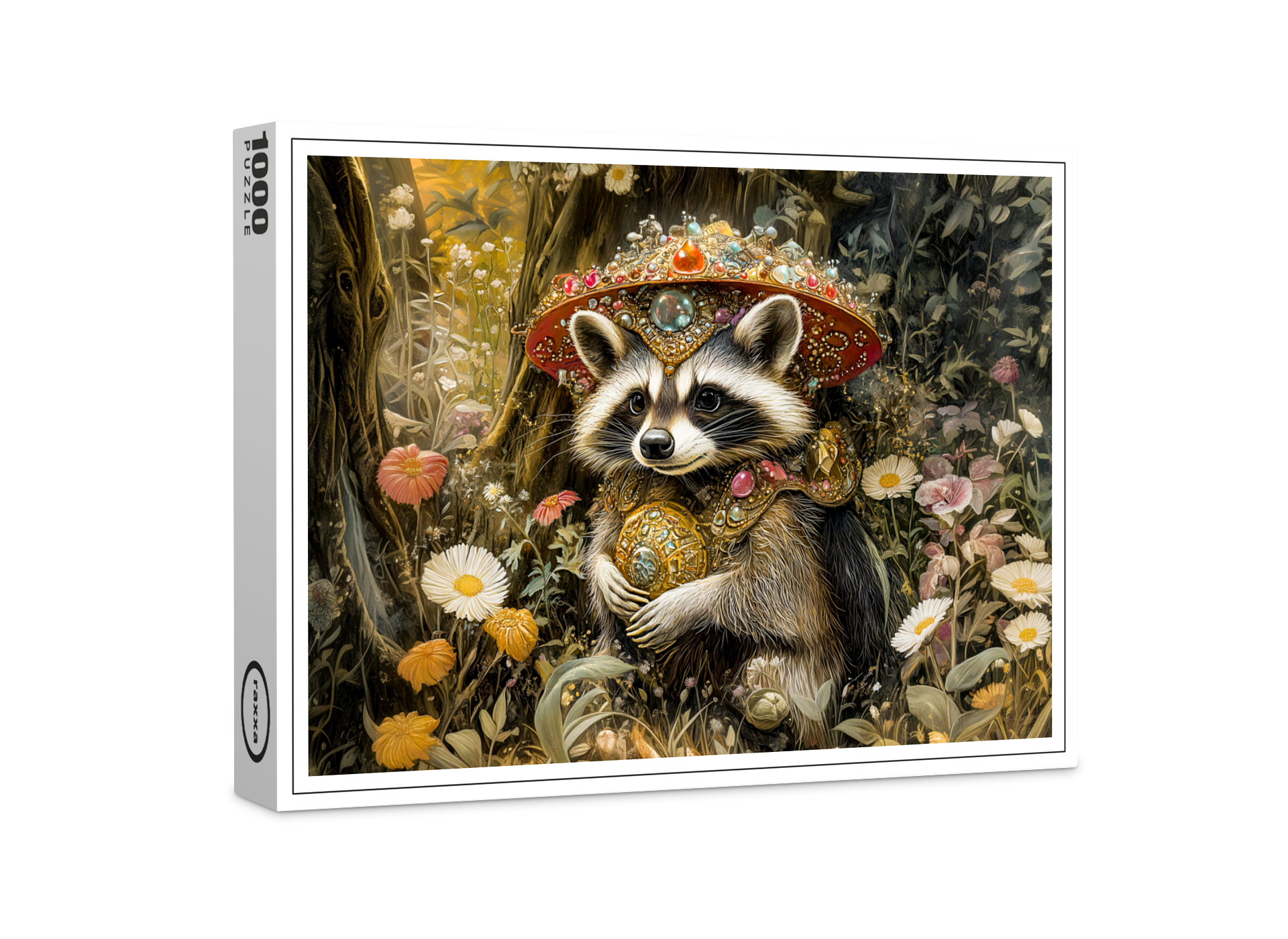 raxxa Premium-Puzzle: Raccoon with a Fly Agaric Mushroom in Fantasy Forest