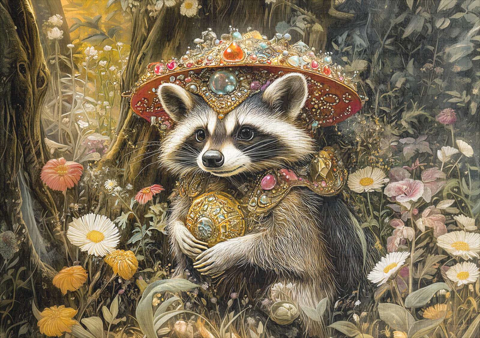 raxxa Premium-Puzzle: Raccoon with a Fly Agaric Mushroom in Fantasy Forest - Image 2