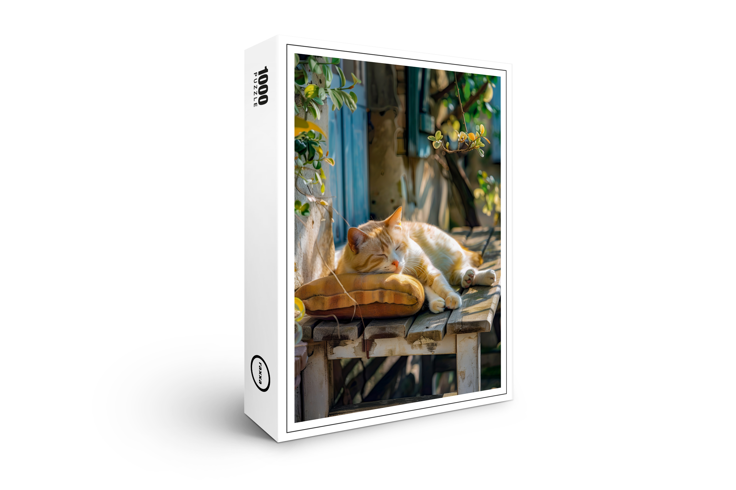 raxxa Premium-Puzzle: A sleeping cat rests peacefully in a cozy environment on bench in front of a house