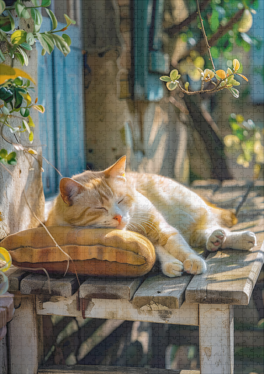 raxxa Premium-Puzzle: A sleeping cat rests peacefully in a cozy environment on bench in front of a house - Image 2