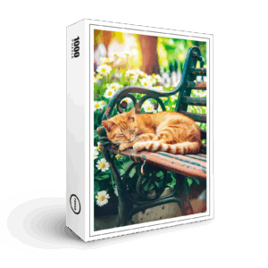 raxxa Premium-Puzzle: Cozy Cat Napping in Comfortable Setting on a garden bench