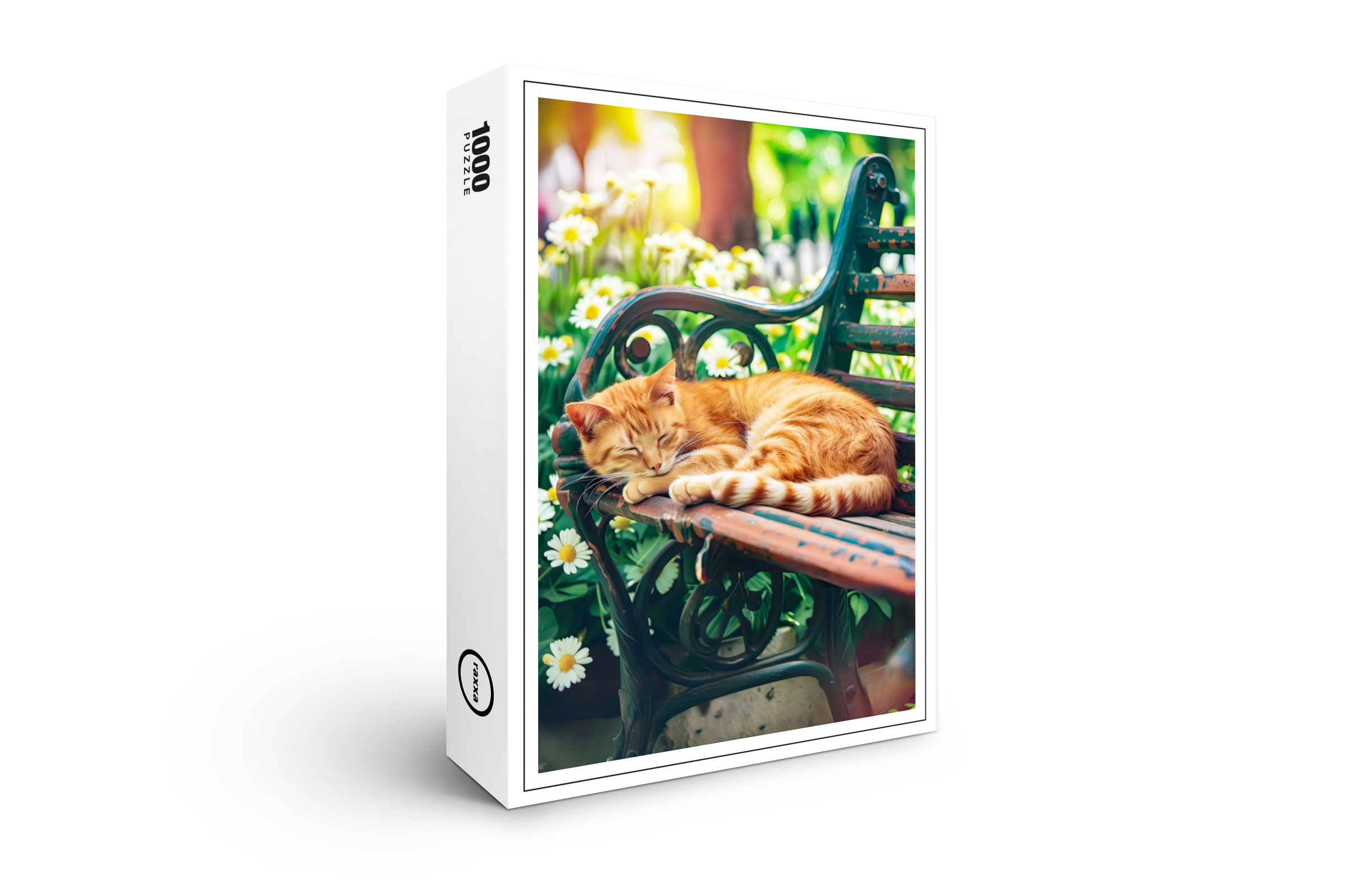 raxxa Premium-Puzzle: Cozy Cat Napping in Comfortable Setting on a garden bench