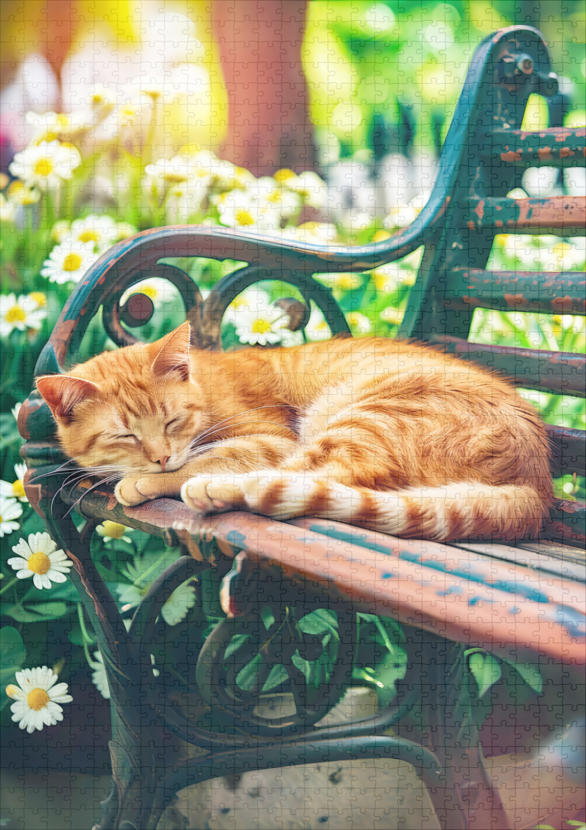 raxxa Premium-Puzzle: Cozy Cat Napping in Comfortable Setting on a garden bench – Image 2