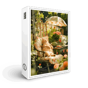 raxxa Premium-Puzzle: Cat Relaxing in Deck Chair Under Sun Umbrella