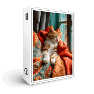 raxxa Premium-Puzzle: cat rests peacefully in a cozy environment under a blanket next to a window