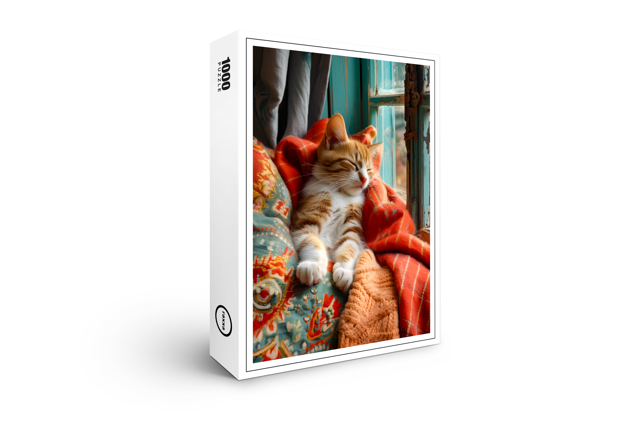raxxa Premium-Puzzle: cat rests peacefully in a cozy environment under a blanket next to a window