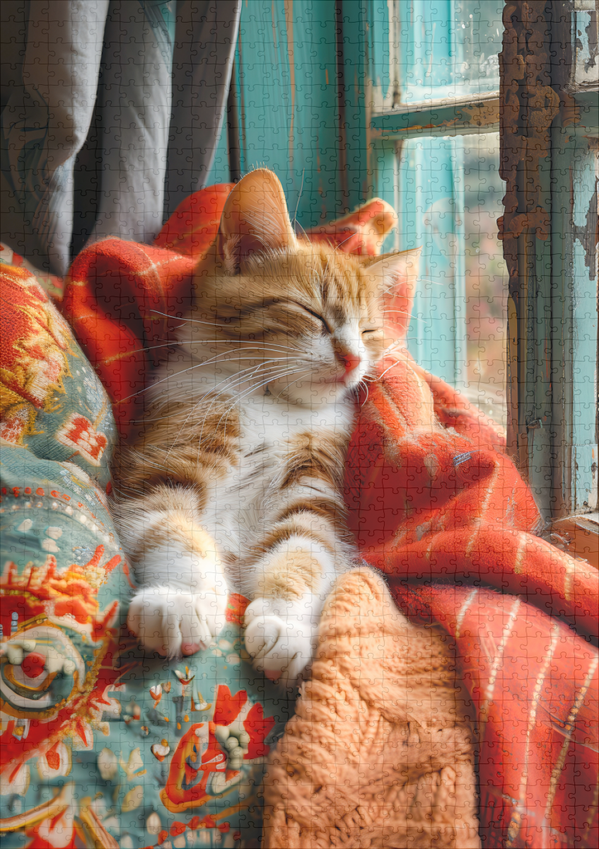 raxxa Premium-Puzzle: cat rests peacefully in a cozy environment under a blanket next to a window - Image 2