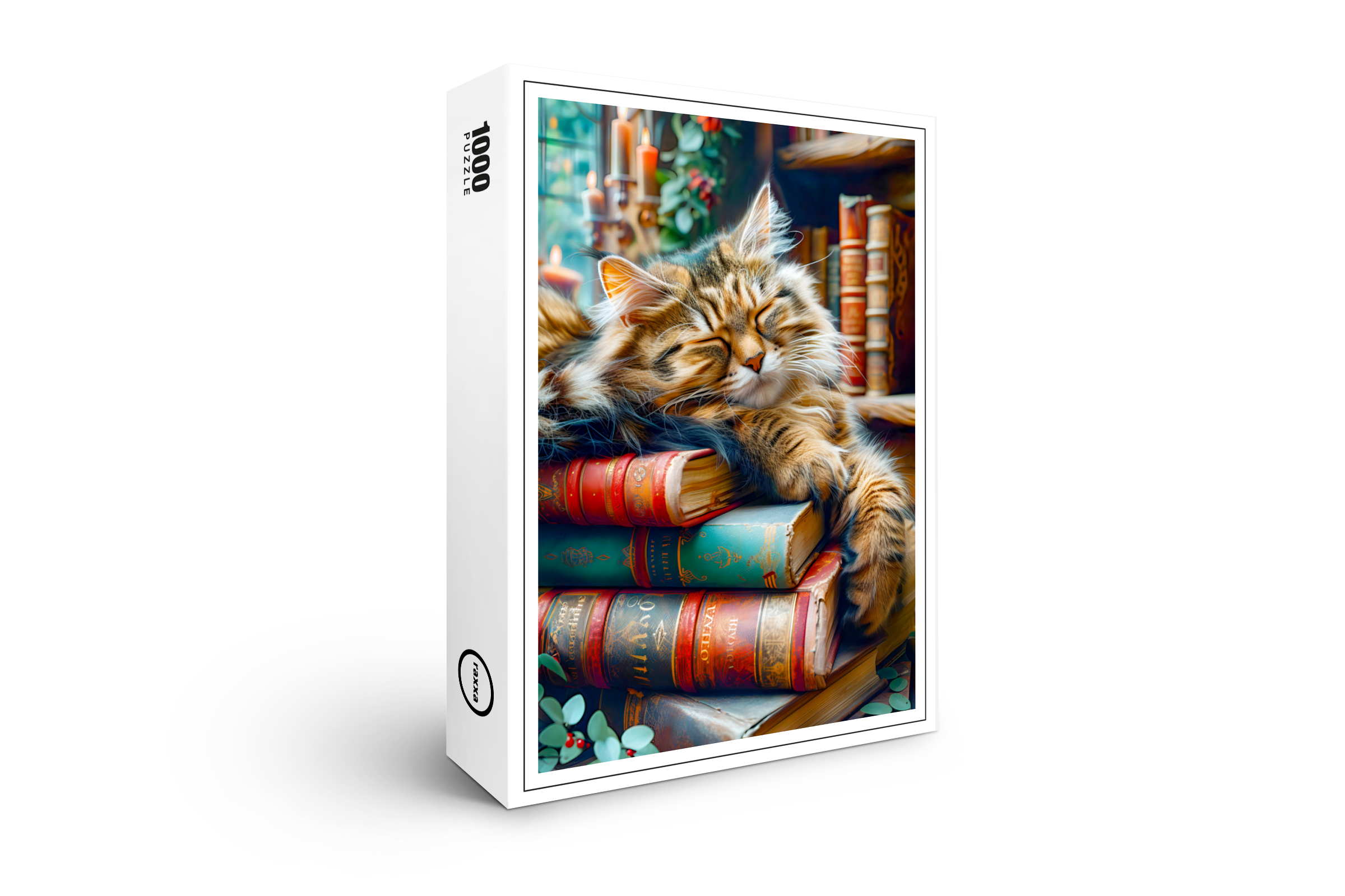 raxxa Premium-Puzzle: Cozy Cat Napping in Comfortable Book Setting