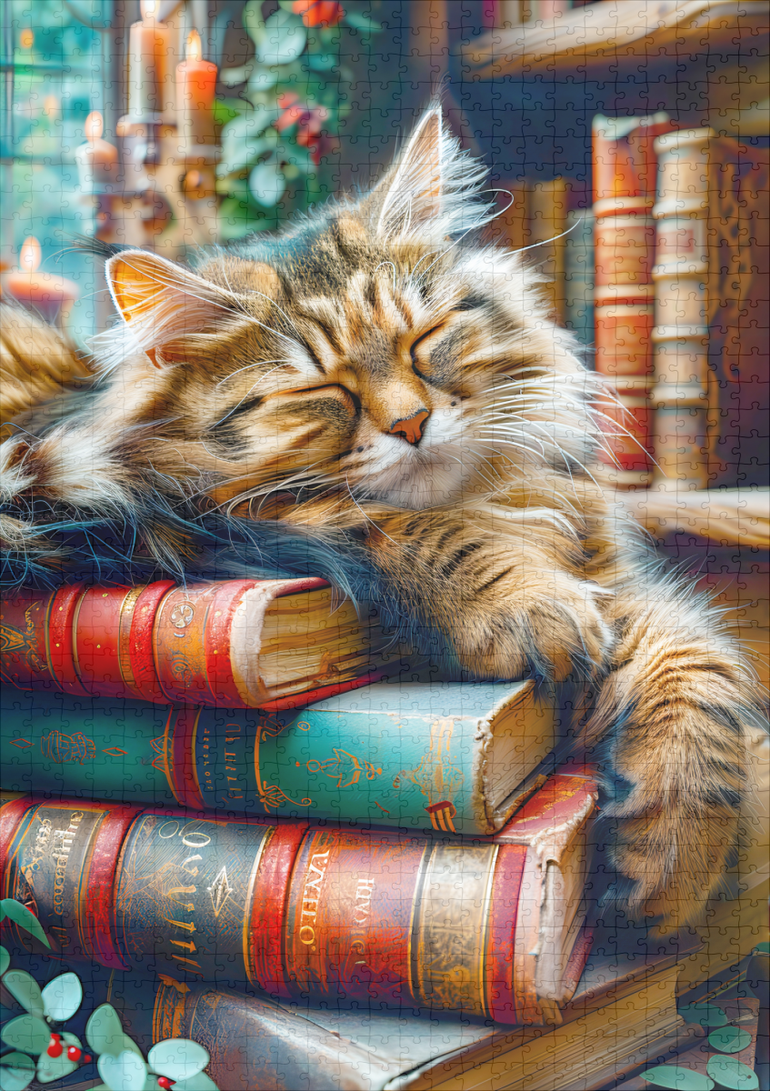 raxxa Premium-Puzzle: Cozy Cat Napping in Comfortable Book Setting - Imagen 2