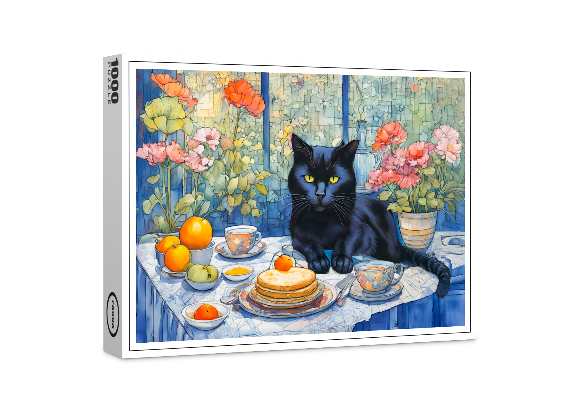 raxxa Premium-Puzzle: Watercolor Black Cat with Tea Table