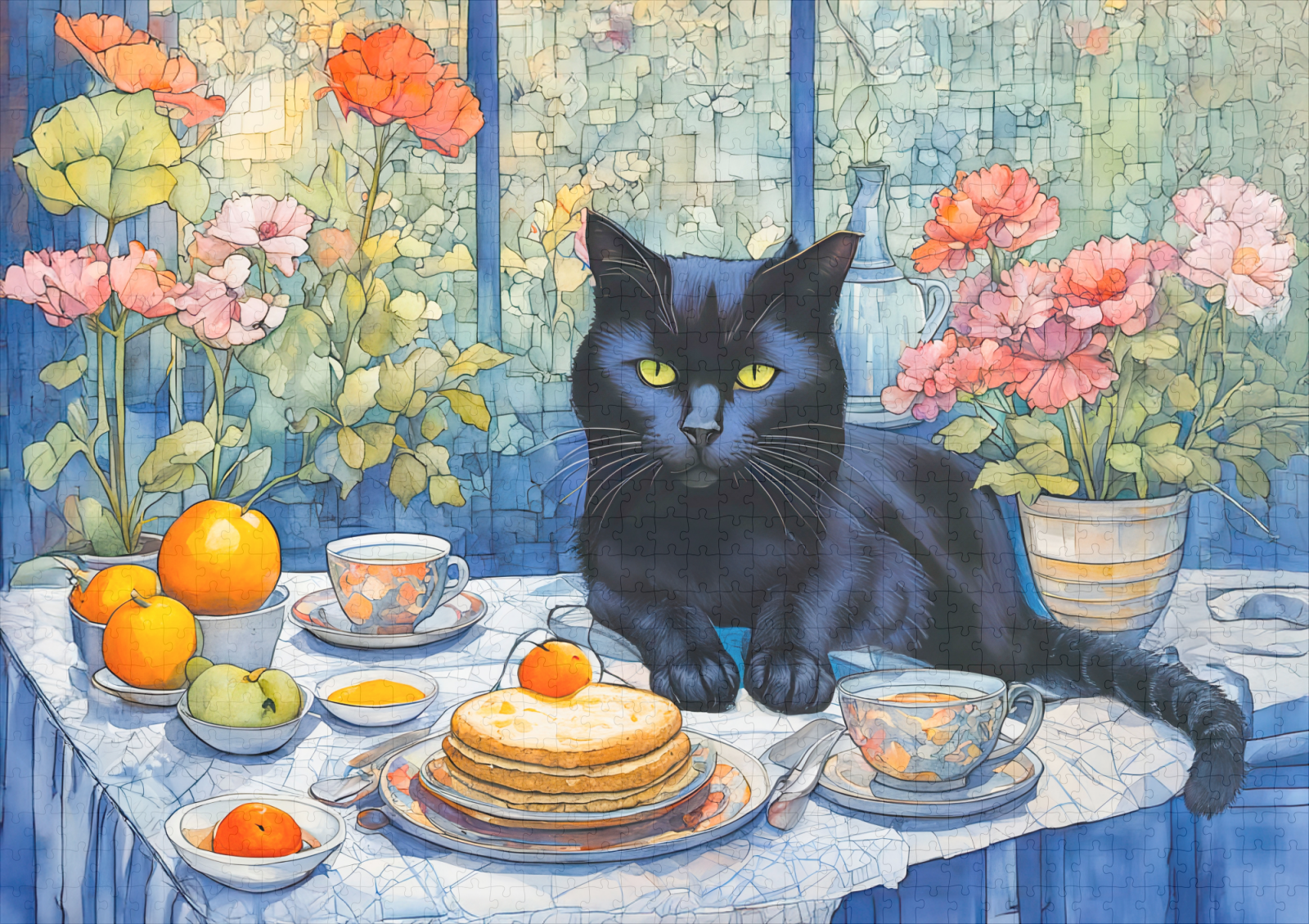 raxxa Premium-Puzzle: Watercolor Black Cat with Tea Table - Image 2