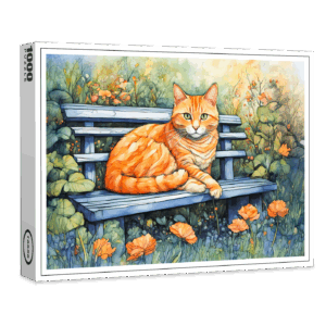 raxxa Premium-Puzzle: Watercolor of Cat on Bench in Flower Garden
