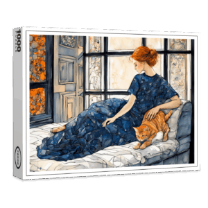 raxxa Premium-Puzzle: Watercolor Cat and Woman by Window
