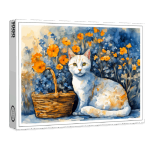 raxxa Premium-Puzzle: Watercolor White Cat in Flower Basket