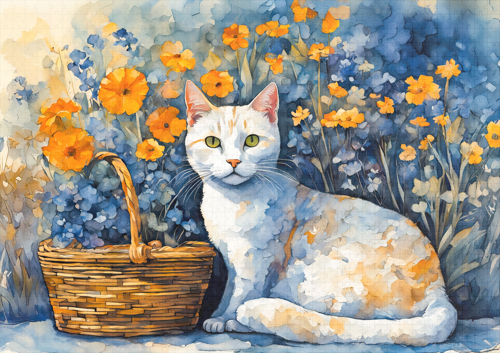 raxxa Premium-Puzzle: Watercolor White Cat in Flower Basket - immagine 2