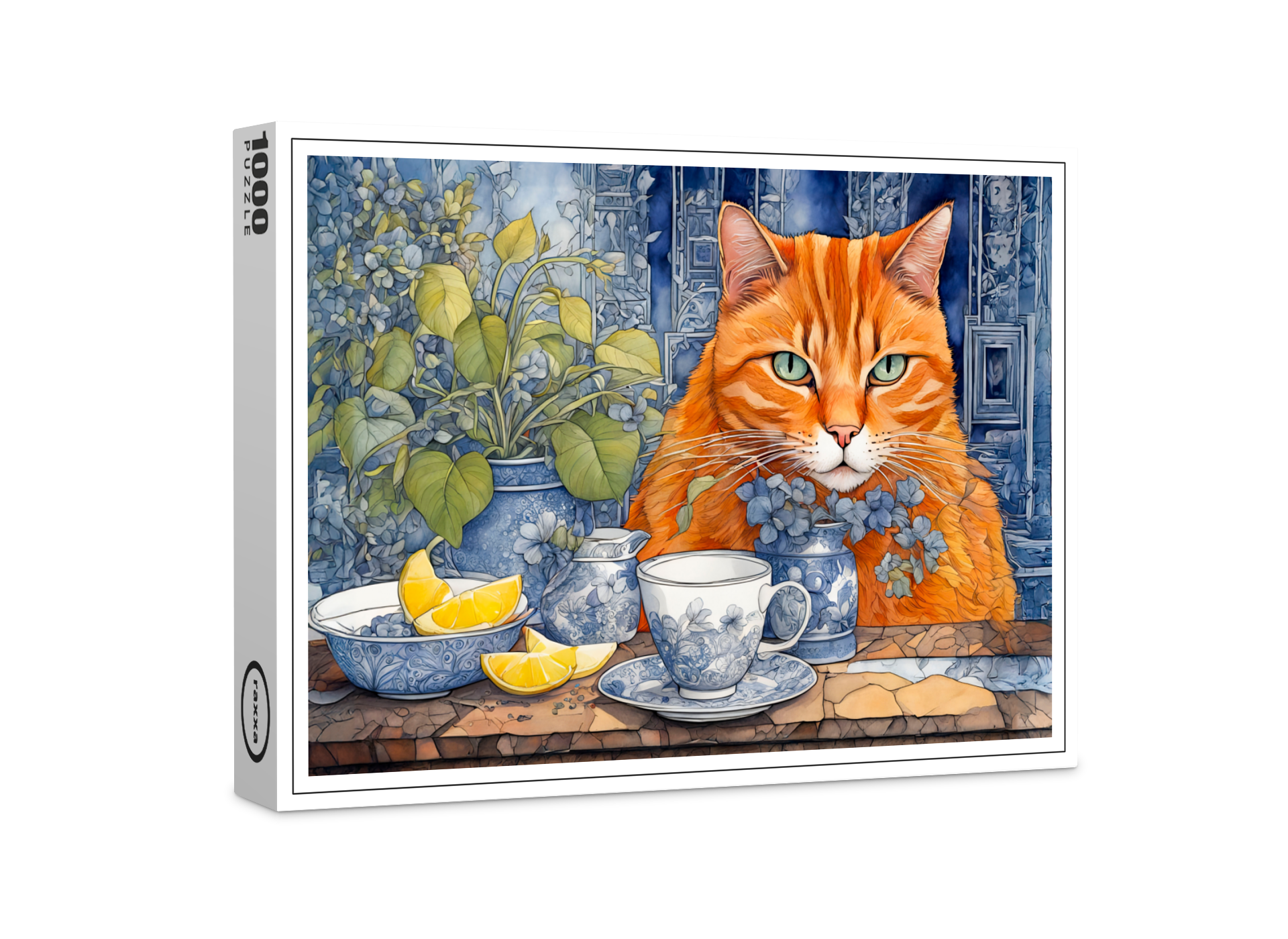 raxxa Premium-Puzzle: Watercolor Orange Cat with Lemon Tea