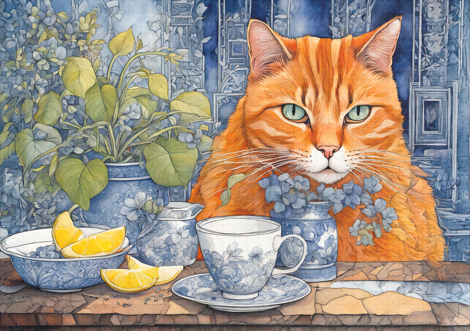 raxxa Premium-Puzzle: Watercolor Orange Cat with Lemon Tea – Bild 2