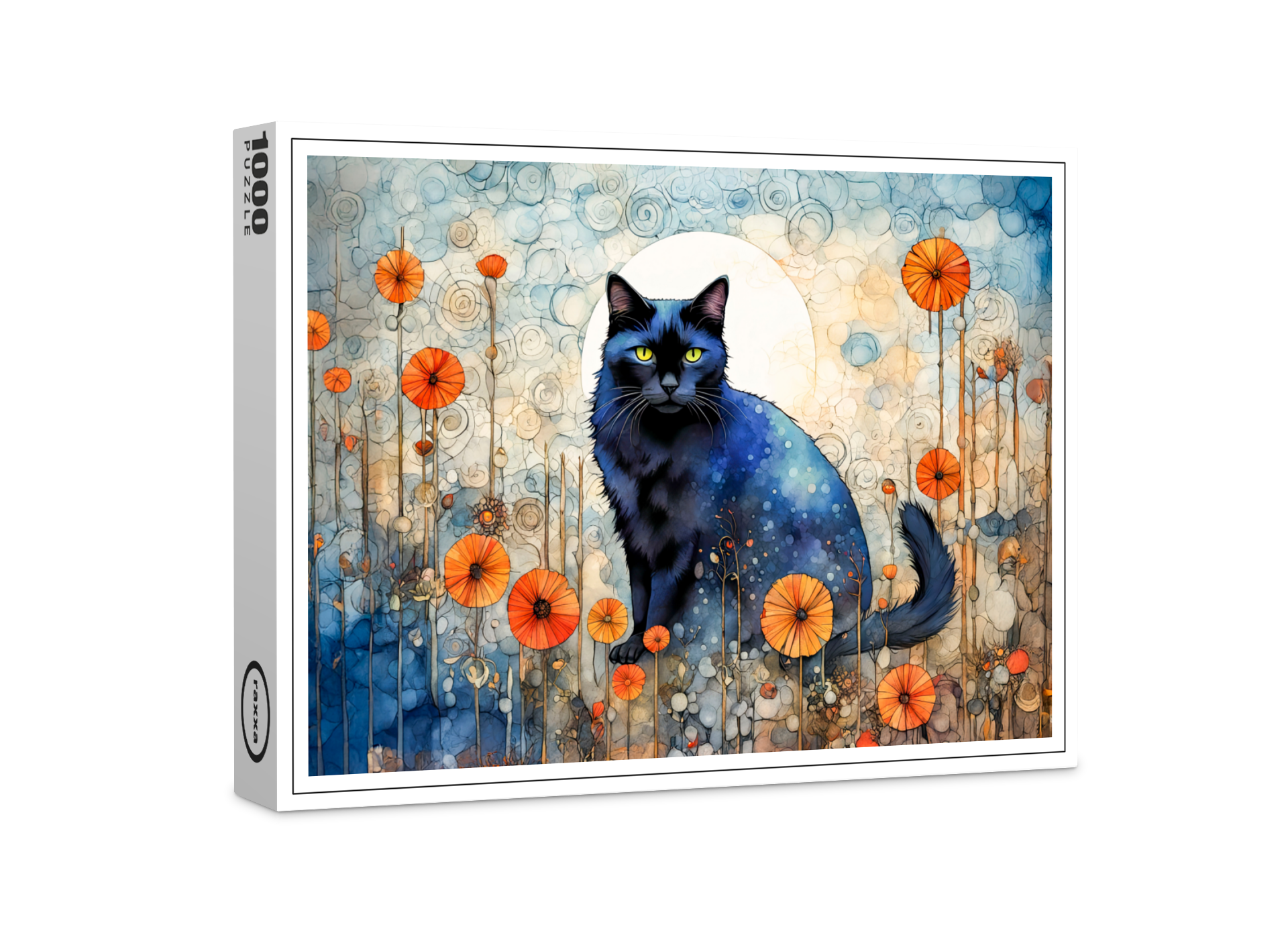 raxxa Premium-Puzzle: Watercolor Black Cat in Poppy Field