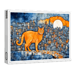 raxxa Premium-Puzzle: Orange Cat in Urban Sunset Watercolor