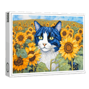 raxxa Premium-Puzzle: Watercolor Blue-Eyed Cat in Sunflowers