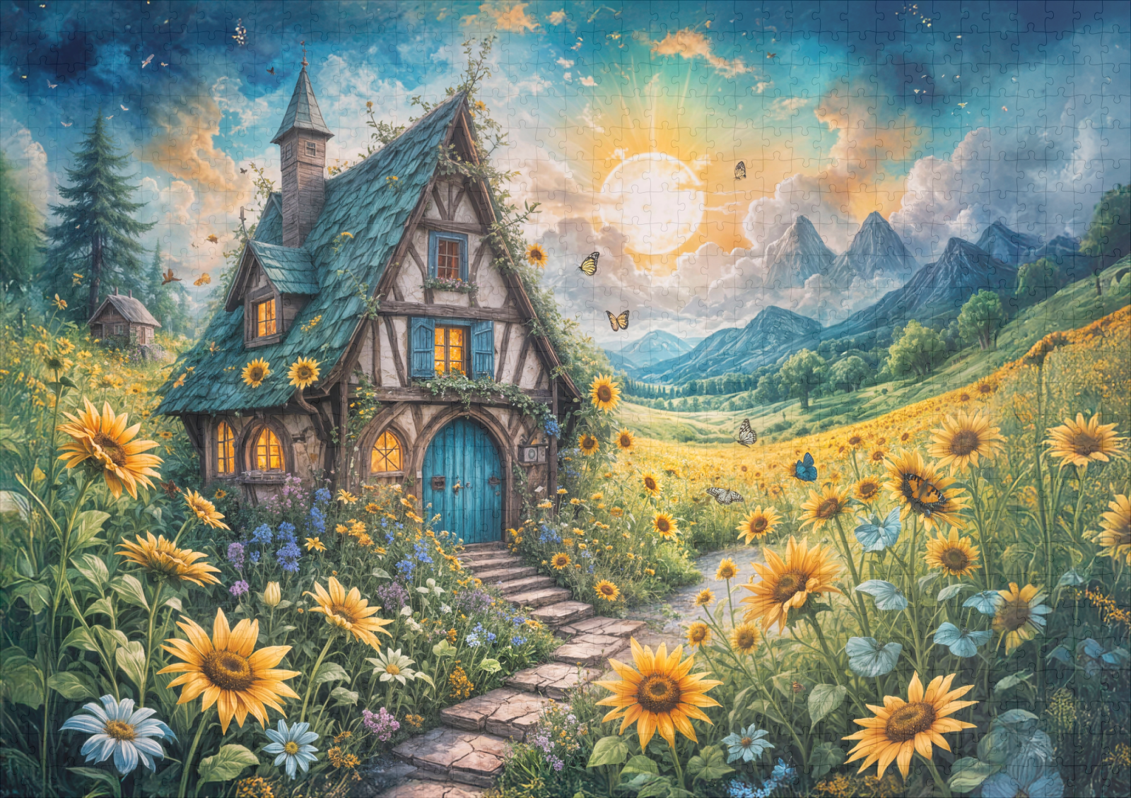 raxxa Premium-Puzzle: Magical Cottage with Sunflower Field - Imagen 2