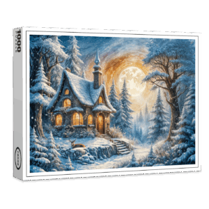 raxxa Premium-Puzzle: Enchanting Winter Cottage in Moonlight