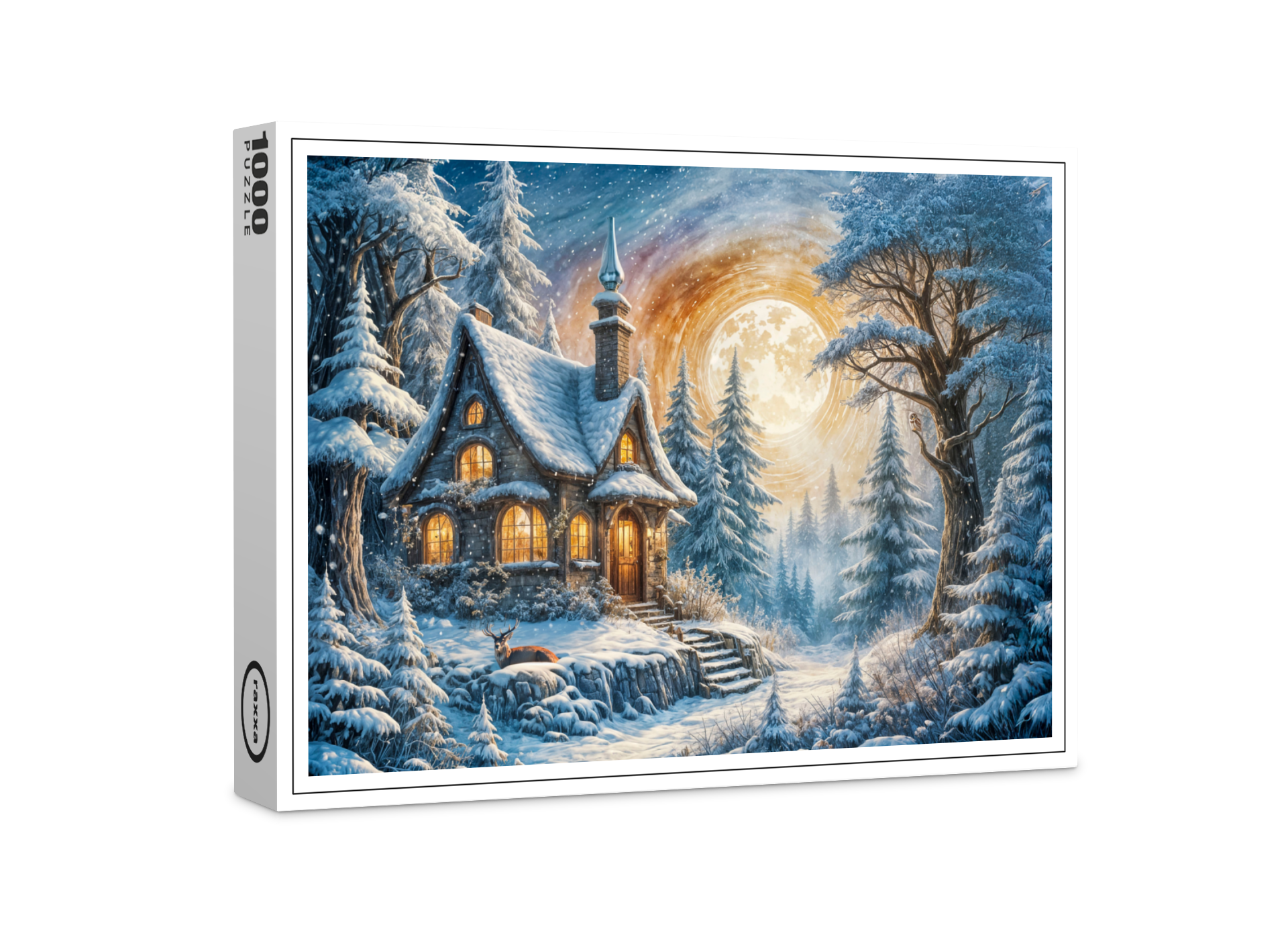 raxxa Premium-Puzzle: Enchanting Winter Cottage in Moonlight
