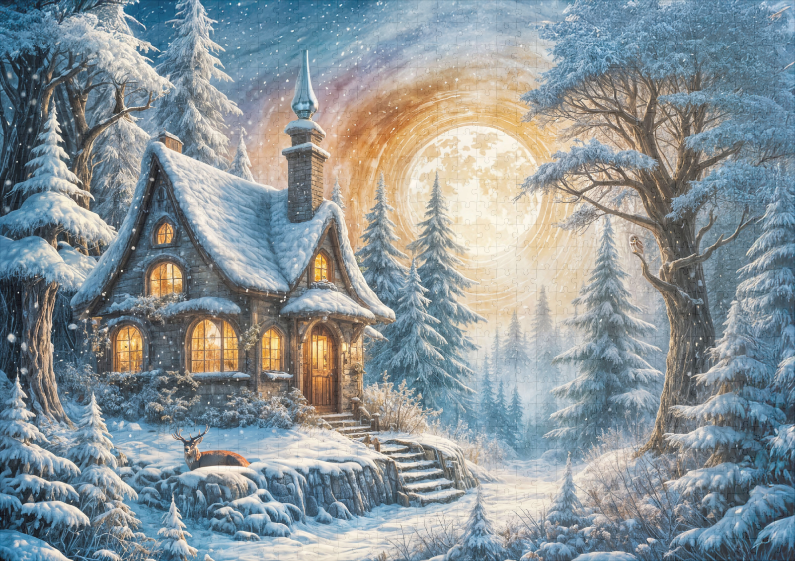 raxxa Premium-Puzzle: Enchanting Winter Cottage in Moonlight - immagine 2