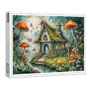 raxxa Premium-Puzzle: Whimsical Cottage by Stream with Giant Red Mushrooms