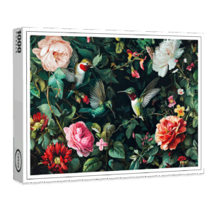raxxa Premium-Puzzle: Hummingbirds with Climbing Vines and Rose Hedge Illustration